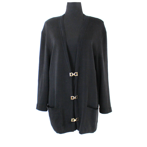 Salvatore Ferragamo Black Gold Gancini Logo Cotton Cardigan XL V-Neck Sweater